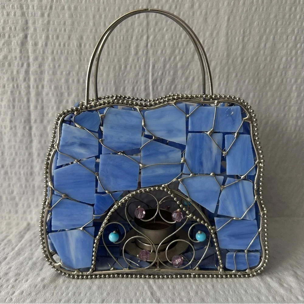 Vintage Blue Stained Glass Handbag Tea Light Holder Mosaic Purse Art Decor Boho